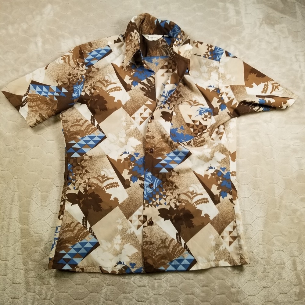 VTG California‎ Leisure Shirt Mr California Size M 60s 70s Plants Geometric FLAW
